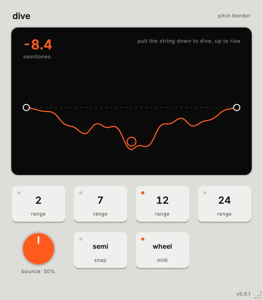 dive prototype pulled down: the string bends, the readout says −8.4 semitones