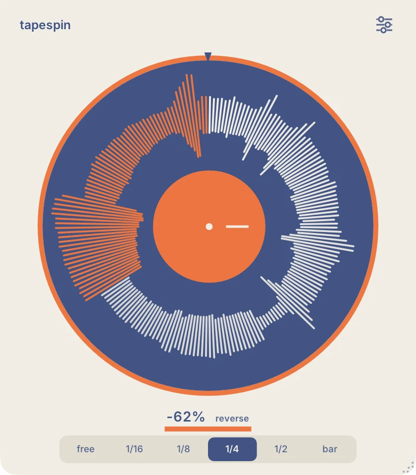 tapespin dragged back: the tape runs in reverse, the audio not yet played shows in orange
