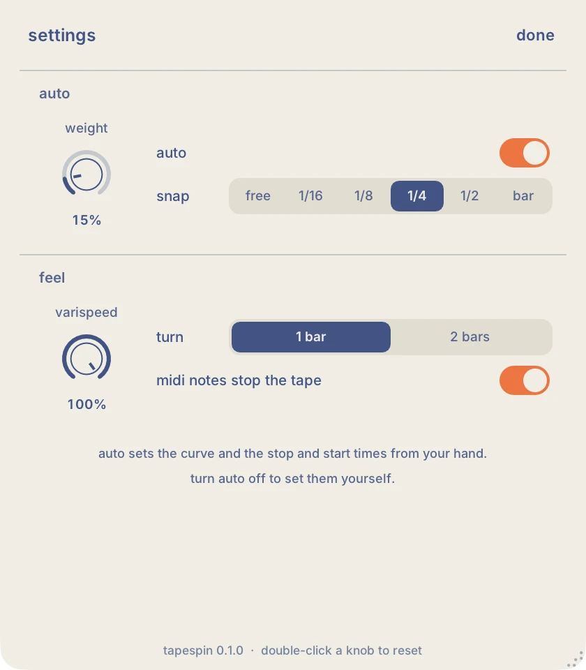tapespin settings